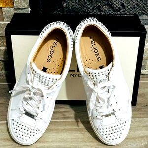 JSlides White Leather with Silver Studs, Size 7, New w/Box